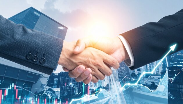 A handshake overlays stock charts and a digital globe, symbolizing global financial partnership.