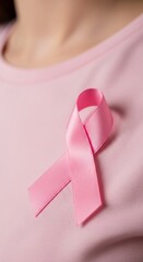 Pink ribbon on a woman’s chest wearing a pink t-shirt, close-up shot, vertical photo

