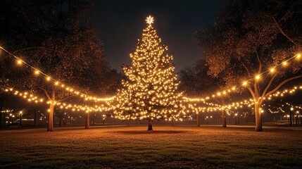 Experience the magical glow of a Christmas tree illuminating a park at night, creating a warm, enchanting atmosphere for seasonal celebrations and festive cheer