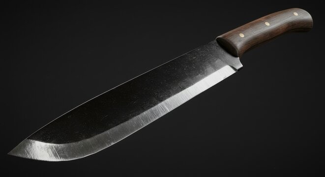 Close-up shot of a sharp chef's knife displaying its clean blade and wooden handle against a black