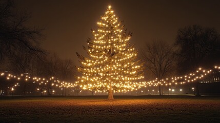 Experience the magic of a luminous Christmas tree sparkling with golden lights in a serene park setting, perfect for holiday promotions and festive celebrations