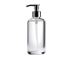 Clear glass liquid dispenser with silver pump, transparent contents, black background
