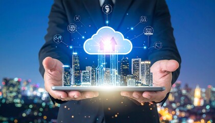 A tablet projects a glowing cloud cityscape above a nighttime skyline, symbolizing smart urban tech.