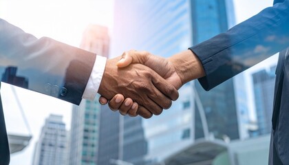 A handshake overlays stock charts and a digital globe, symbolizing global financial partnership.