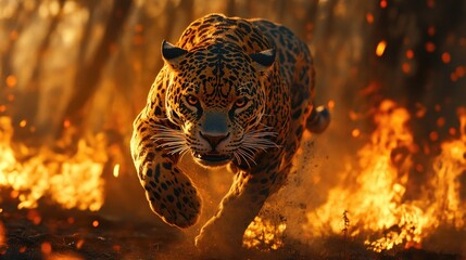 Experience the raw power of a jaguar running through a vibrant fiery landscape, its intense gaze capturing the wild spirit of nature in a stunning display of agility and strength