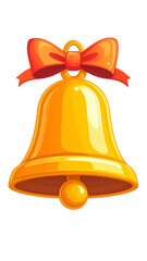 A shiny golden bell with an attached orange bow against a stark black background