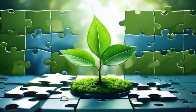 green plant growing leaf through puzzle pieces symbolizes integrating sustainability into complex strategies full hd 32k resolution