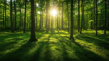 Bask in the beauty of a sun-drenched forest, perfect for nature lovers and outdoor adventures, with vibrant green foliage and peaceful woodland trails to explore, inspiring tranquility