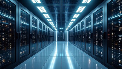 Blue-lit server racks line a reflective corridor in a pristine, high-tech data center.