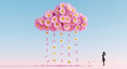 Pink Daisy Cloud Raining Petals on Silhouette of Woman in Dreamy