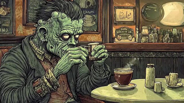 Frankensteins Monster Enjoys a Quiet Coffee Break in a Cozy Cafe.