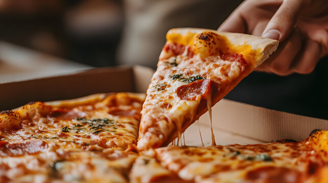 A close-up of hands reaching for slices of pizza during a lunch break.