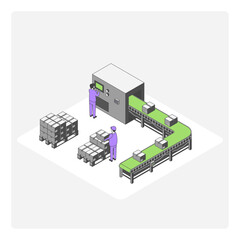Cartoon Color Cardboard Boxes Engineering Machine Line Factory Conveyor Concept 3d Isometric View Line Elements. Vector illustration