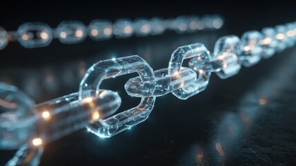 Blockchain Brilliance: A mesmerizing close-up of a glowing, transparent blockchain, showcasing its interconnected links, representing digital security and the future of technology.