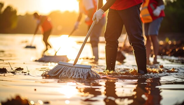 Volunteers Cleaning Up Flooded Area in Golden Sunlight