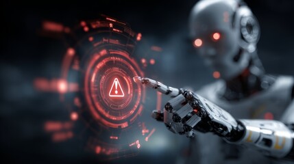 An alert robot interacting with a futuristic, illuminated interface, highlighting the interplay of technology and artificial intelligence, focusing on warning messages.