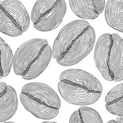 A seamless pattern of stylized coffee beans illustrated in a black and white line art style..