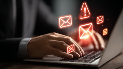 Focused on digital communications and cybersecurity, the image shows hands typing on a laptop surrounded by warning messages with a concept of caution. 