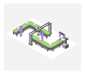 Cartoon Color Product Control Factory Conveyor Concept 3d Isometric View Line Elements. Vector illustration of Industrial Automation Process