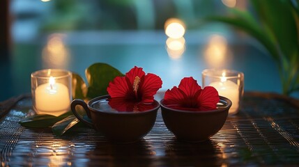 Experience blissful relaxation with hibiscus tea and candlelight creating a serene spa atmosphere for wellness and self-care retreats, perfect for mindful moments