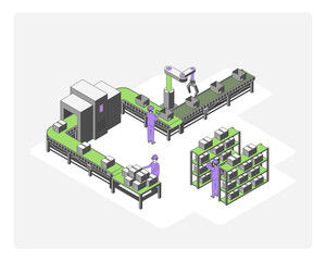 Cartoon Color Packaging and Storage Factory Conveyor Concept 3d Isometric View Line Elements. Vector illustration of Industrial Automation Process