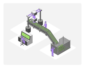 Cartoon Color High Tech Machinery Factory Conveyor Concept 3d Isometric View Line Elements. Vector illustration of Industrial Automation Process