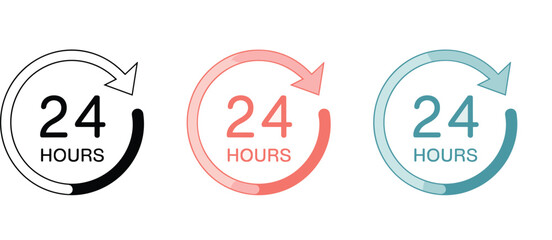24-hour service icon set, circular arrow design, around-the-clock availability, black, red, teal variants, vector illustration, time cycle graphic, minimal style