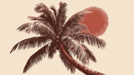 A serene tropical landscape with a single palm tree silhouetted against a vibrant sunset, evoking feelings of peace and tranquility.