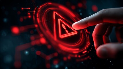 A hand interacts with a glowing interface, a neon warning sign and a serious situation.