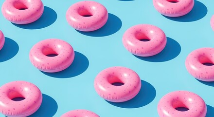 Pink Donut Floats Patterned on a Light Blue Background with Stro