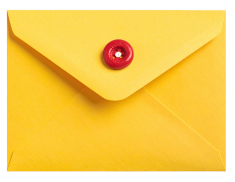 Yellow envelope with a red button closure, captured in bright studio lighting