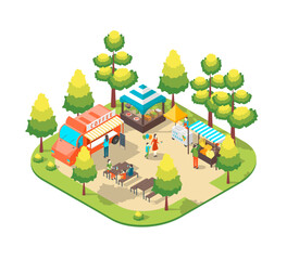 Cartoon Color Character People and Street Food Cart Park Summer Fest Concept 3d Isometric View. Vector illustration