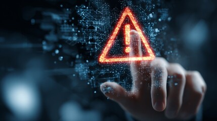 A digital finger hovers near a digital warning sign with an exclamation mark, highlighting the potential dangers of digital threats.