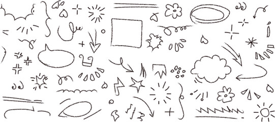 Black hand drawn doodle sketch set with arrows, speech bubbles, stars, clouds, hearts, and creative symbols, isolated vector elements for notes, comics, decoration, and design.