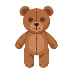 Fototapeta premium A charming flat 2D vector illustration features a cute brown teddy bear toy standing upright on a clean, plain white background, perfect for childhood themes and innocent concepts.