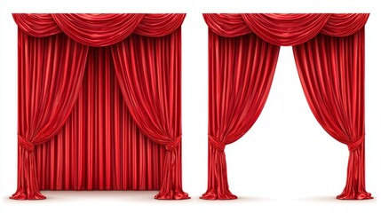 Majestic red curtains drape gracefully, hinting at the drama and elegance within, inviting the viewer to peek behind the scenes.
