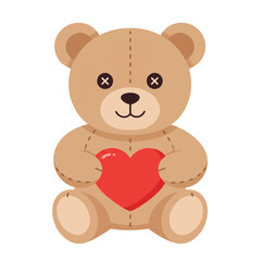 A charming flat 2D vector illustration features a cuddly brown teddy bear toy affectionately holding a bright red heart, presented on a clean white background.