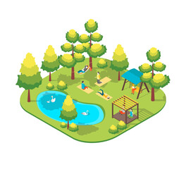 Cartoon Color Character People and Workout Outdoor Sports Scene Park Summer Fest Concept 3d Isometric View. Vector illustration