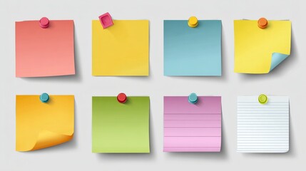 A colorful arrangement of sticky notes, each bearing a different hue and texture, pinned neatly in a visually pleasing display. A simple yet effective composition. 