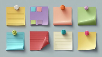 A collection of colorful sticky notes, each pinned neatly, offering a versatile visual for a range of communication and planning concepts. Capturing a sense of organization.