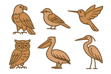 Obraz premium Stylized collection of diverse wild birds featuring an eagle, owl, pelican, hummingbird, sparrow, and heron in a modern graphic style