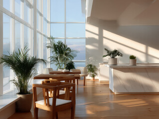 Sunlit modern apartment interior overlooking a vast ocean