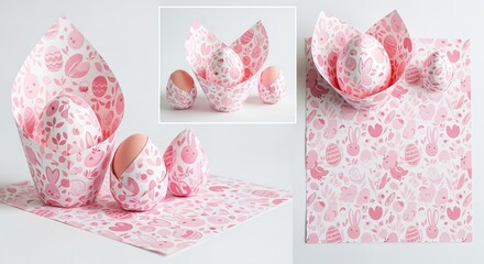 Pink Easter Egg Paper Craft with Floral and Bunny Pattern, Delic