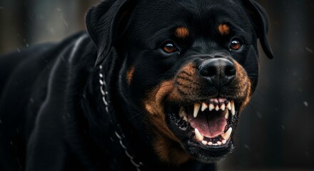 Fototapeta premium Dramatic close-up of an angry Rottweiler showing its teeth capturing aggression