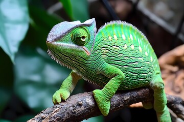 Fototapeta premium Majestic Veiled Chameleon on Branch Vibrant Green Scales Reptile Portrait Exotic Pet Nature Photography