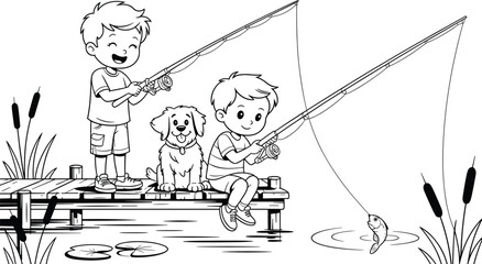 Two Boys and a Dog Fishing on a Wooden Pier by a Lake children kids