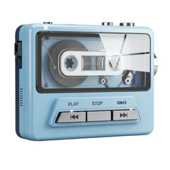Stylish light blue portable cassette player with a transparent lid and silver control buttons.