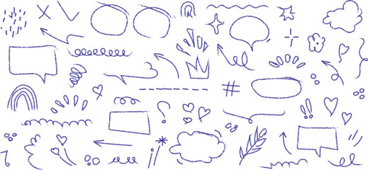 Purple hand drawn doodle sketch collection with arrows, speech bubbles, hearts, stars, clouds, and creative symbols, isolated vector elements for comics, notes, and decoration.