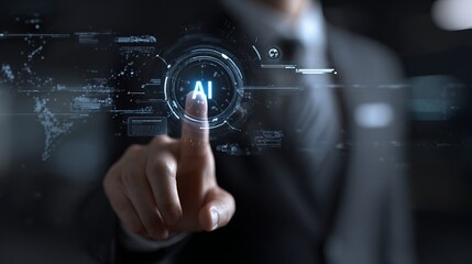 A professional individual activates a holographic interface displaying a prominent AI icon, symbolizing the intersection of technology and human interaction in the digital frontier.