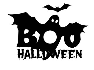 A Modern and Scary New Halloween Design: The Word 'BOO' integrated into a Single, Stylized Ghost Silhouette on a Transparent Background.